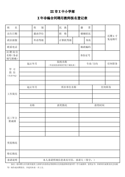 XX市X中小学部X年非编合同聘用教师报名登记表