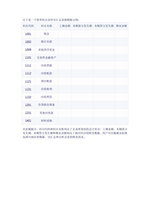 企业科目汇总表格模板