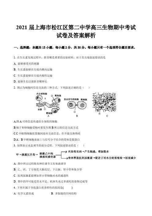 2021届上海市松江区第二中学高三生物期中考试试卷及答案解析