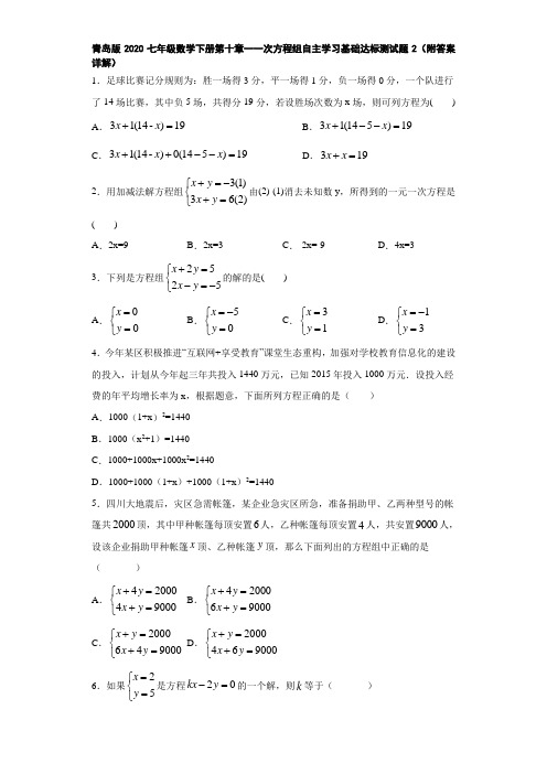 青岛版2020七年级数学下册第十章一次方程组自主学习基础达标测试题2(附答案详解)