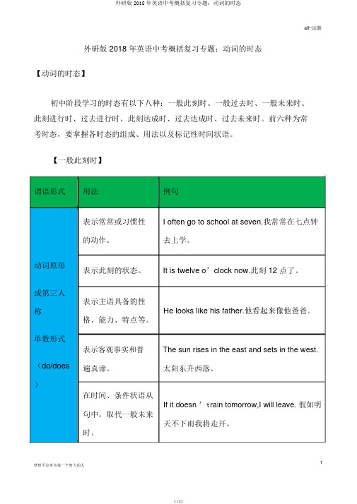 外研版2018年英语中考归纳复习专题：动词的时态