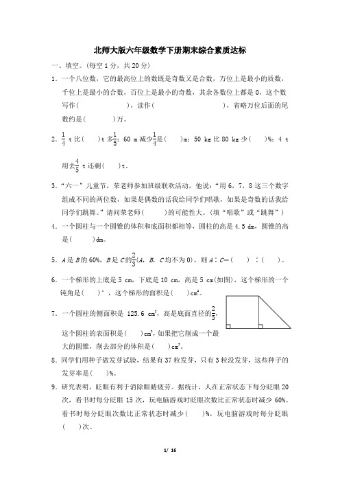 北师大版六年级数学下册期末综合素质达标 附答案