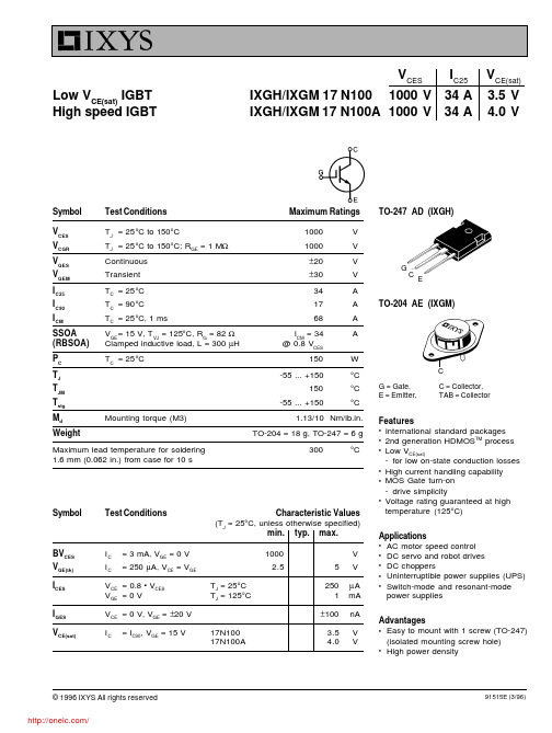 IXGH17N100A;IXGH17N100;中文规格书,Datasheet资料