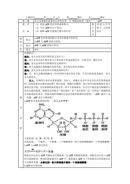 人教版高中生物必修一第五章第2节 细胞的能量“通货”——ATP教案