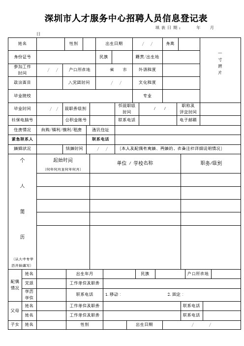 深圳市人才服务中心招聘人员信息登记表【模板】