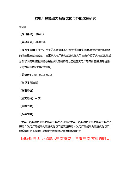 发电厂热能动力系统优化与节能改造研究