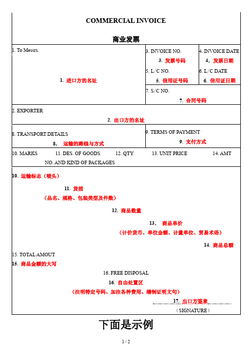 单证商业发票(样本)