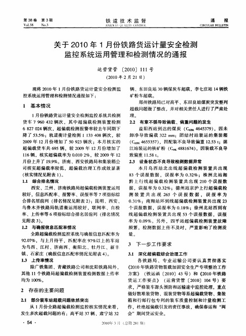 关于2010年1月份铁路货运计量安全检测监控系统运用管理和检测情况的通报