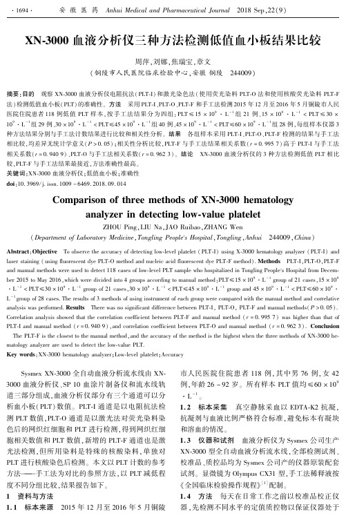 XN-3000血液分析仪三种方法检测低值血小板结果比较