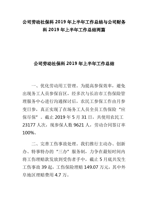 公司劳动社保科2019年上半年工作总结与公司财务科2019年上半年工作总结两篇