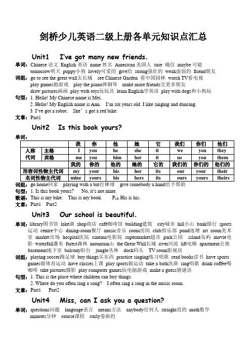 (完整版)剑桥少儿英语二级上册各单元知识点汇总