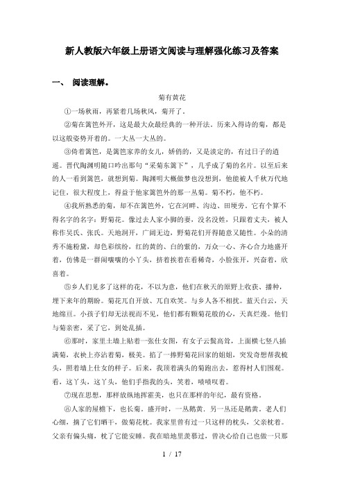 新人教版六年级上册语文阅读与理解强化练习及答案