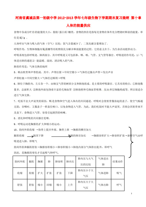 河南省虞城县第一初级中学七年级生物下学期期末复习提纲 第十章 人体的能量供应