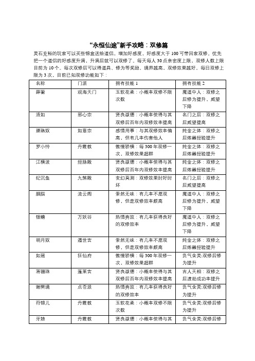 “永恒仙途”新手攻略：双修篇