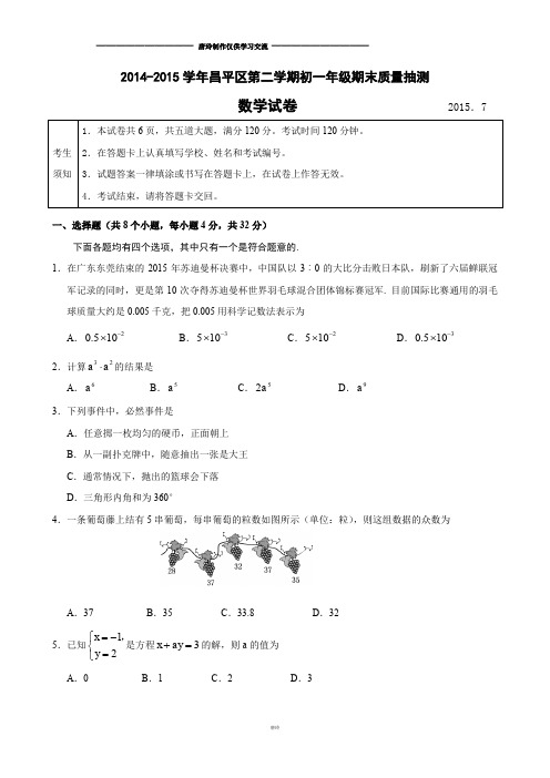 北京市昌平区初一第二学期期末考试数学试题(无答案)