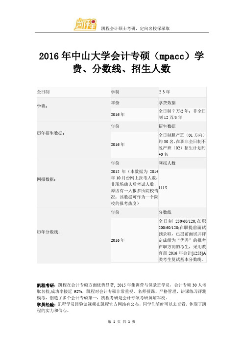 2016年中山大学会计专硕(mpacc)学费、分数线、招生人数