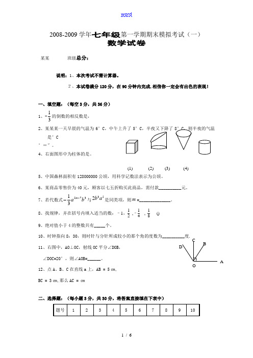 2008-2009学年七年级数学第一学期期末模拟考试一及答案新人教版