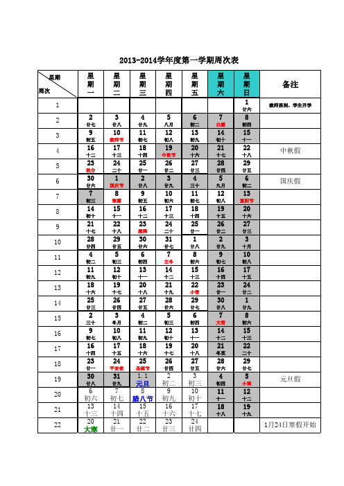 2013-2014学年度第一学期周次表