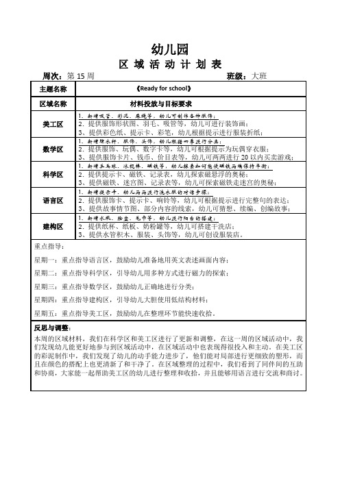 幼儿园大班班级第15周区域计划