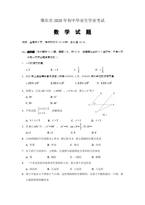 广东省肇庆市中考数学试题(WORD版含答案)