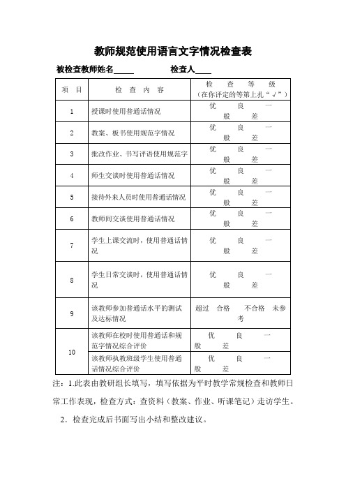 教师规范使用语言文字情况检查表