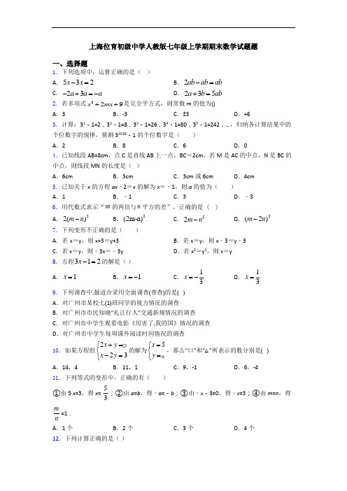 上海位育初级中学人教版七年级上学期期末数学试题题