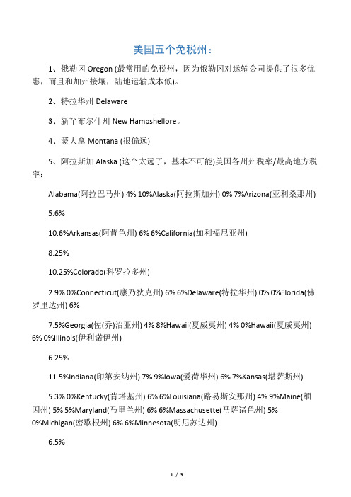 美国免税州及各州消费税率