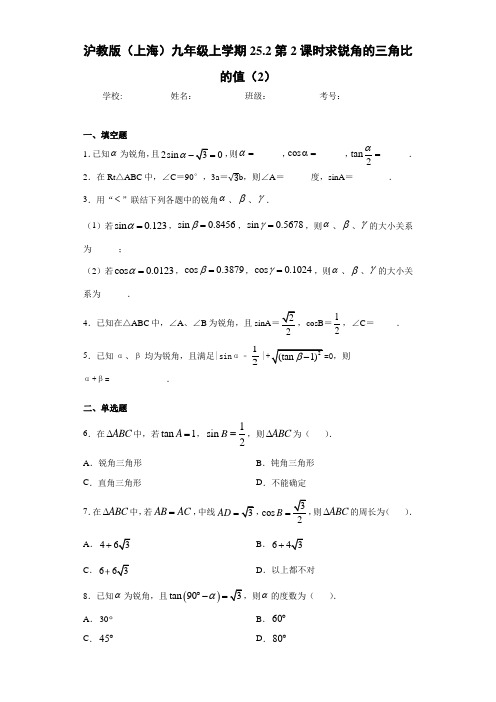 沪教版(上海)九年级上学期25.2第2课时求锐角的三角比的值(2)