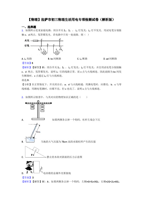 【物理】拉萨市初三物理生活用电专项检测试卷(解析版)