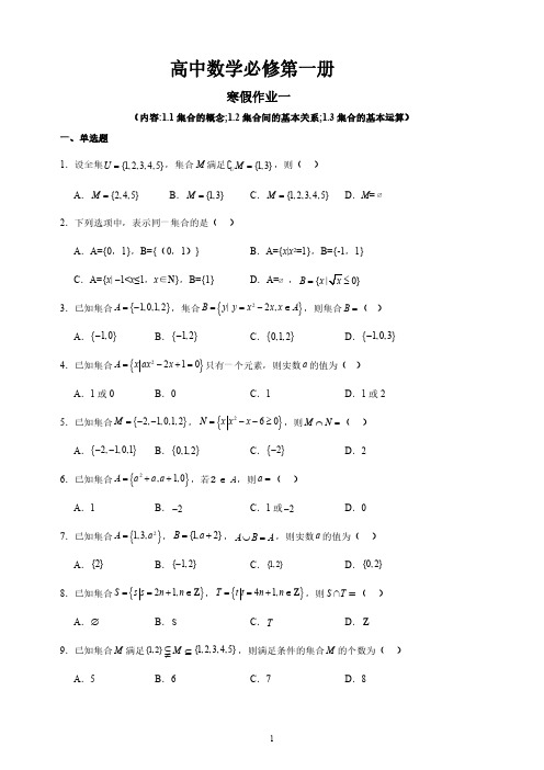 高一数学寒假作业(必修第一册)