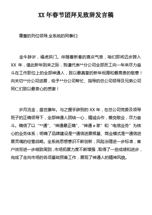 XX年春节团拜见致辞发言稿doc