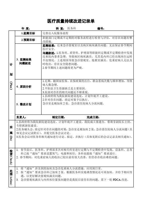 完善出入院服务流程PDCA持续质量改进记录表PDCA模板