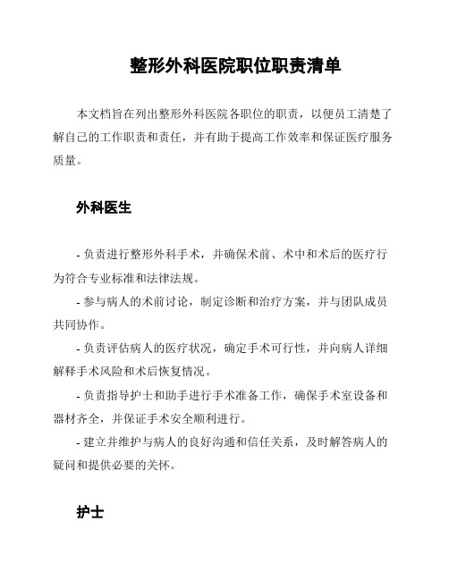 整形外科医院职位职责清单