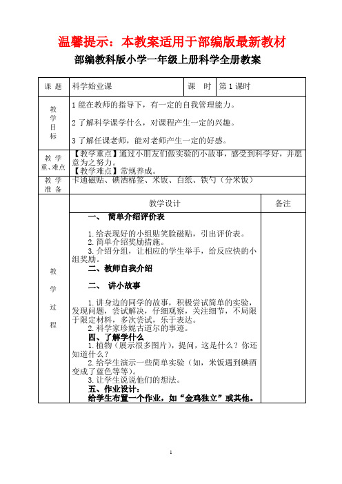 2017部编教科版小学一年级上册科学全册教案(新教材)