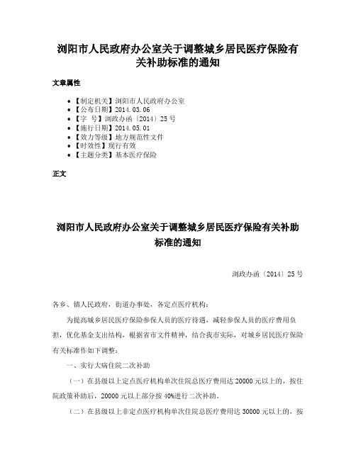 浏阳市人民政府办公室关于调整城乡居民医疗保险有关补助标准的通知