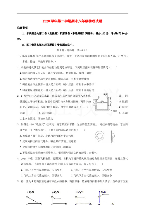 山东省临沂相公中学2020学年八年级物理下学期期末考试试题 新人教版