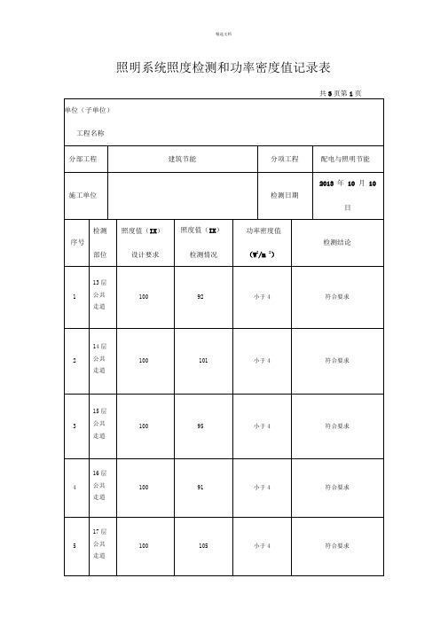 照明系统照度检测和功率密度值记录表-2