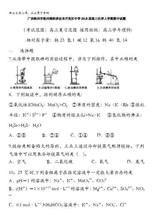 广西钦州市钦州港经济技术开发区中学2018届高三上学期期中考试化学试题含答案