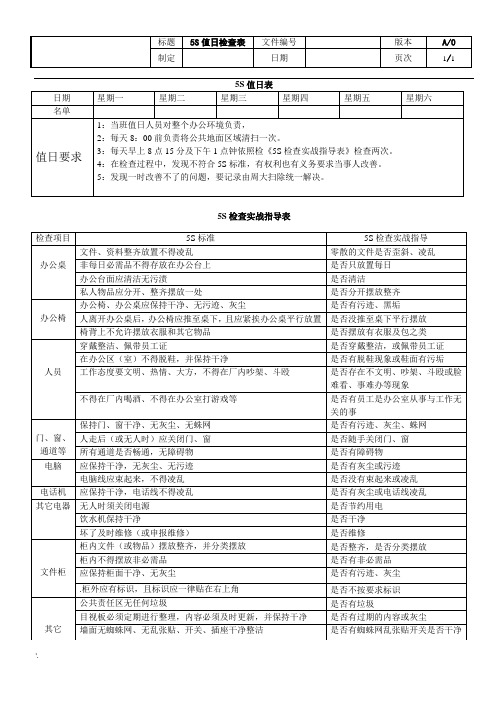 办公室5S值日检查表