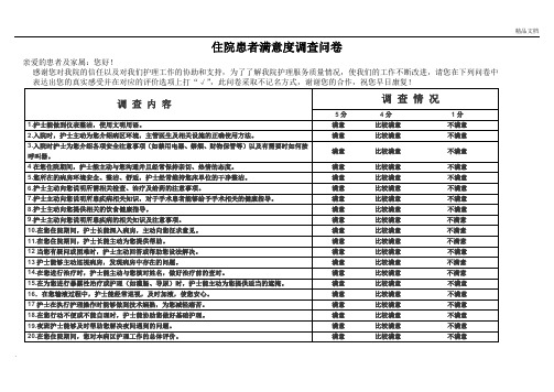 住院患者满意度调查问卷样表