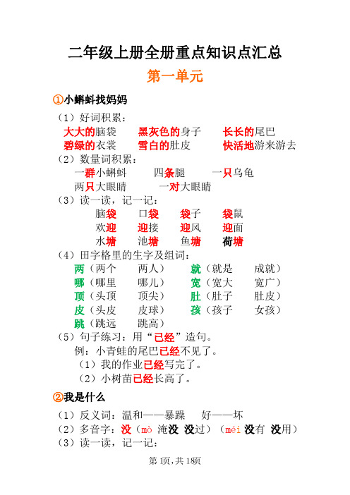 小学二年级上册全册每课重点知识点学习资料