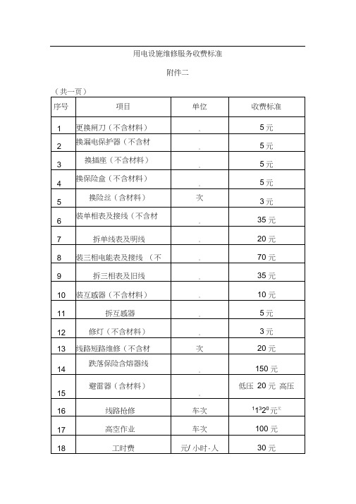 用电设施维修服务收费标准