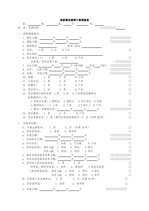 麻疹疑似病例个案调查表