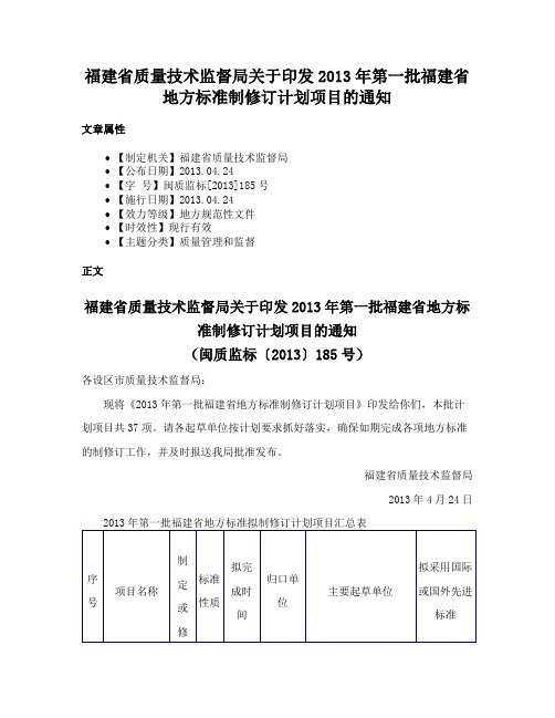 福建省质量技术监督局关于印发2013年第一批福建省地方标准制修订计划项目的通知