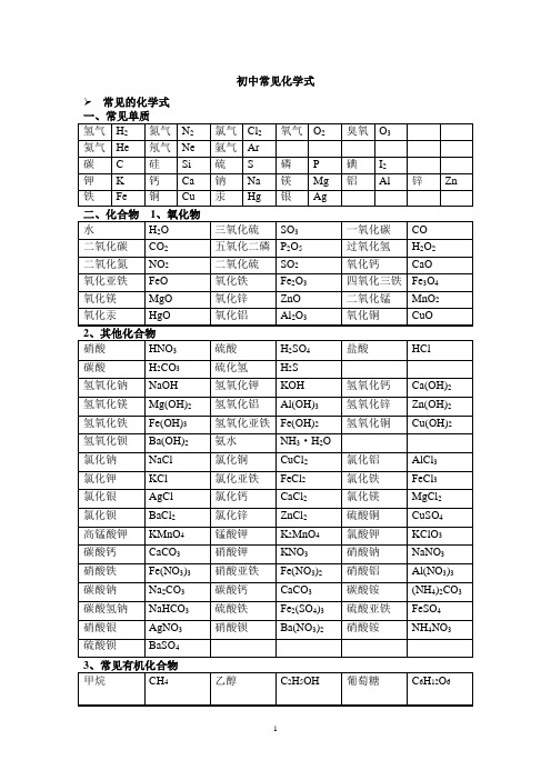 初中常见化学式大全