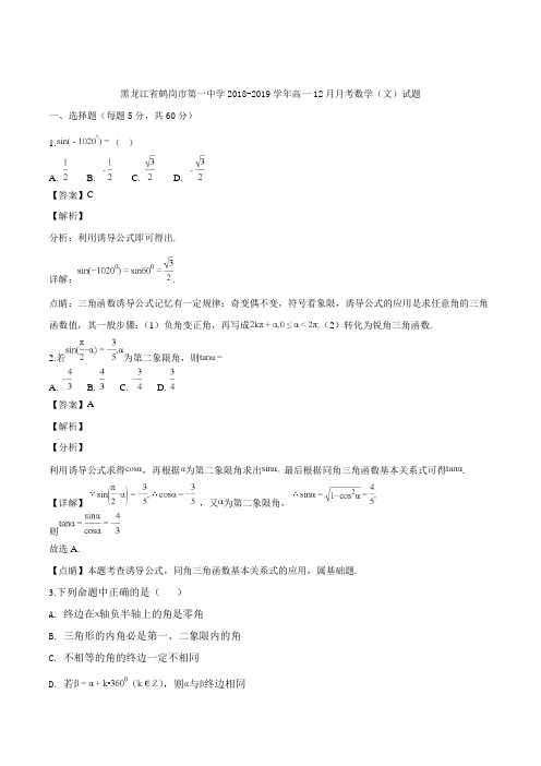 黑龙江省鹤岗市第一中学2018-2019学年高一12月月考数学(文)试题(精品解析)