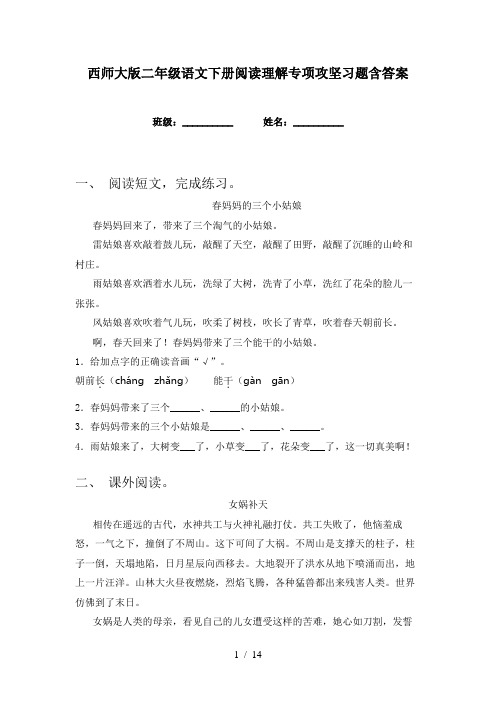 西师大版二年级语文下册阅读理解专项攻坚习题含答案