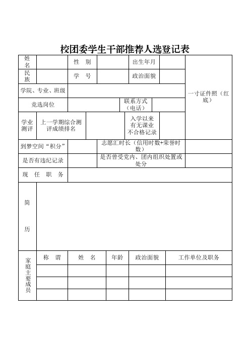 校团委学生干部推荐人选登记表