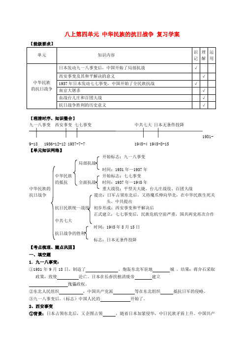 八年级历史上册 第四单元中华民族的抗日战争复习学案  人教新课标版