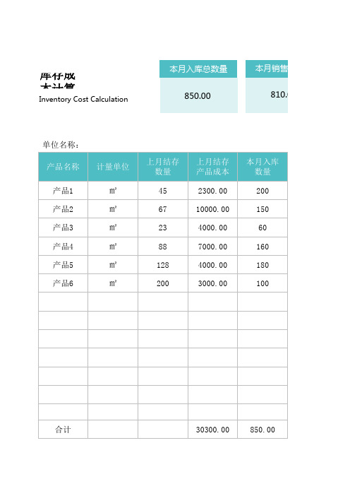 库存成本计算表单位车间Excel表格模板